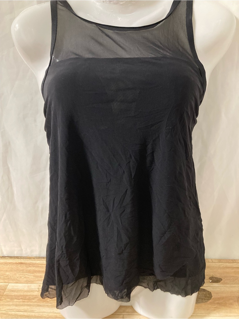 Kristex Black Mesh Overlay Tank Top Sleeveless Sheer Layered Blouse Women L